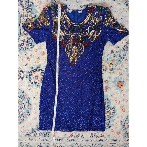 Vintage 80's Scala Royal Cobalt Blue Beaded Silk Cocktail Dress - PL - Picture 12 of 14